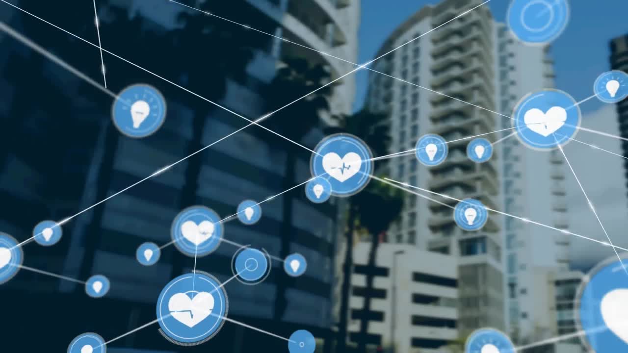 Animação de rede de conexões com ícones sobre um edifício moderno