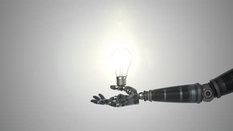 Robotic-hand-presenting-illuminated-bulb-against-white-background