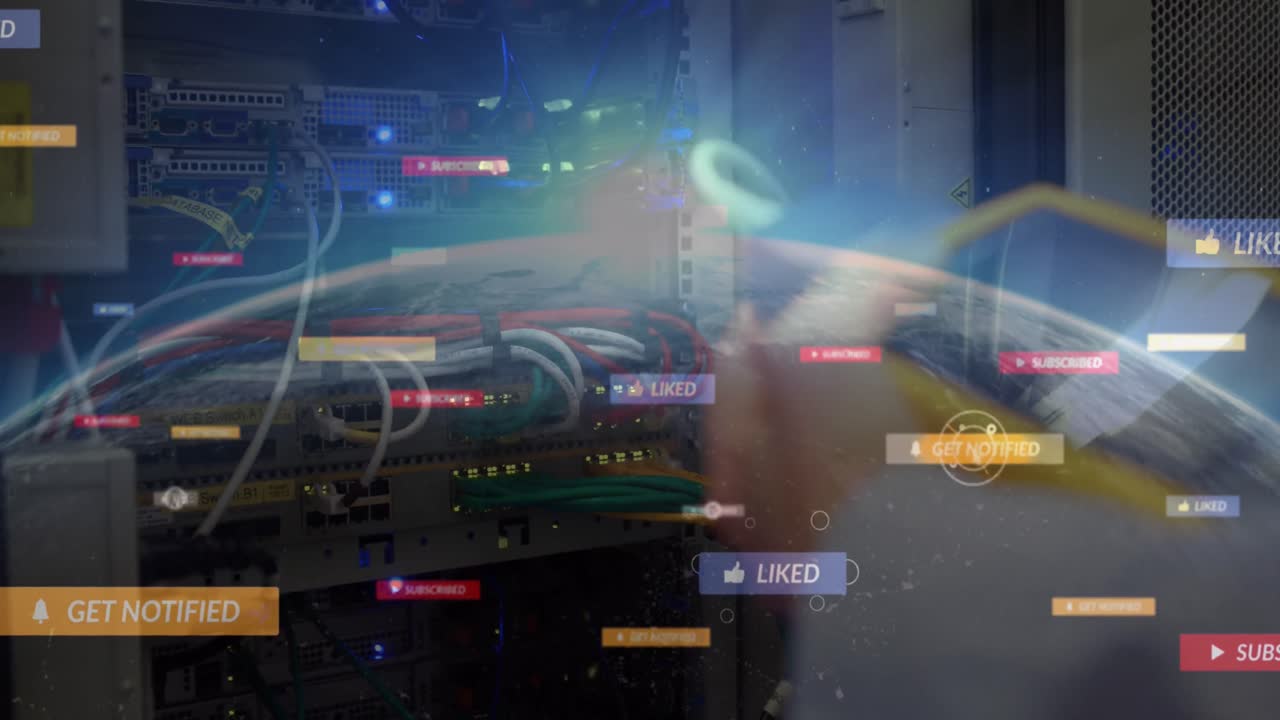 Animation of social media icons over globe and computer server