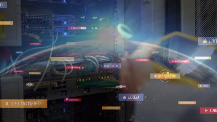 Animation of social media icons over globe and computer server