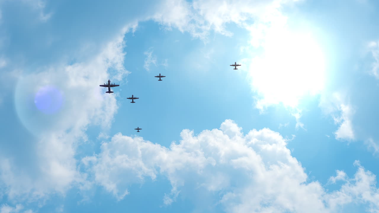 Military Transport Aircraft Squadron in Flight, Drone View