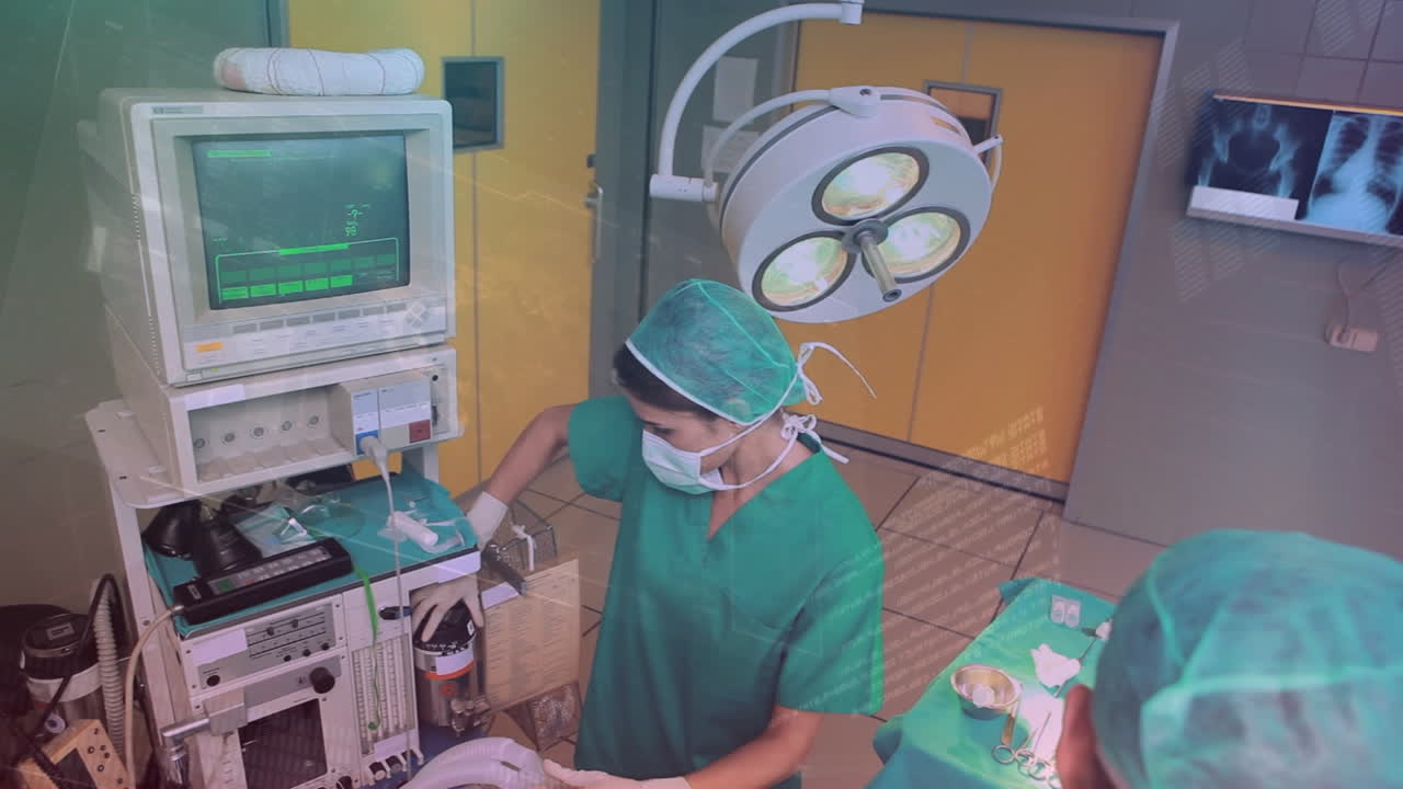 수술 중 백인 여성 외과의사에 대한 데이터 처리 애니메이션