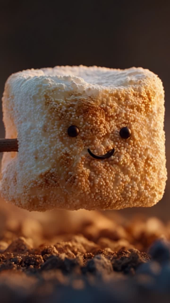 Un affascinante marshmallow sorridente che si gode un bagliore tostato mentre arrostisce su un falò, mettendo in mostra la sua deliziosa consistenza e la sua colorazione marrone dorato.
