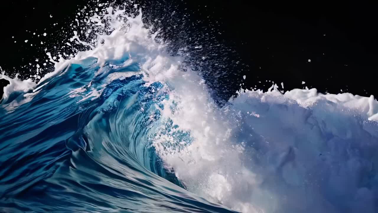 Dynamic video still of a crashing wave, captured from a low angle. The style is vivid and dramatic