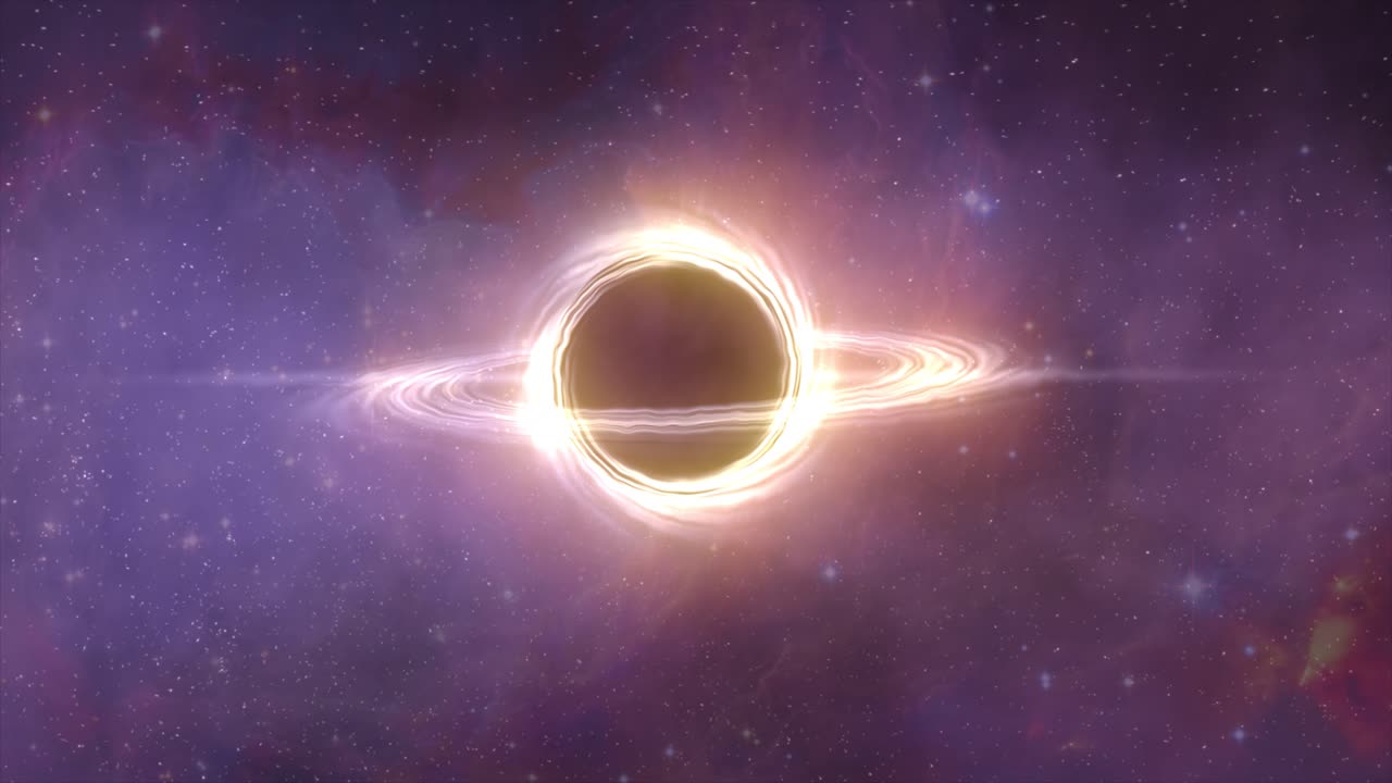 simulación cgi de alta calidad retrocediendo de un agujero negro giratorio a través de una nube de gas espacial y nebulosas dramáticas, en el espacio profundo