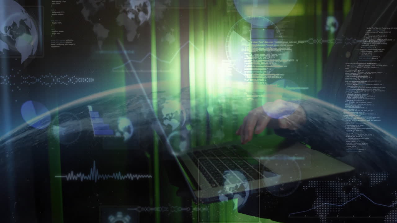Hands typing on laptop with digital data and technology animation overlay