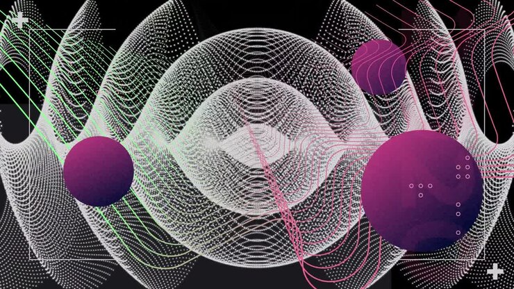 Animation of colourful curved lines over white geometry and purple spheres moving on black