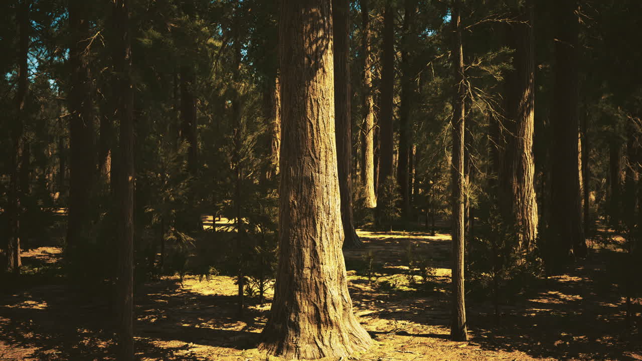 Tall trees stand under the bright sun in a serene forest environment