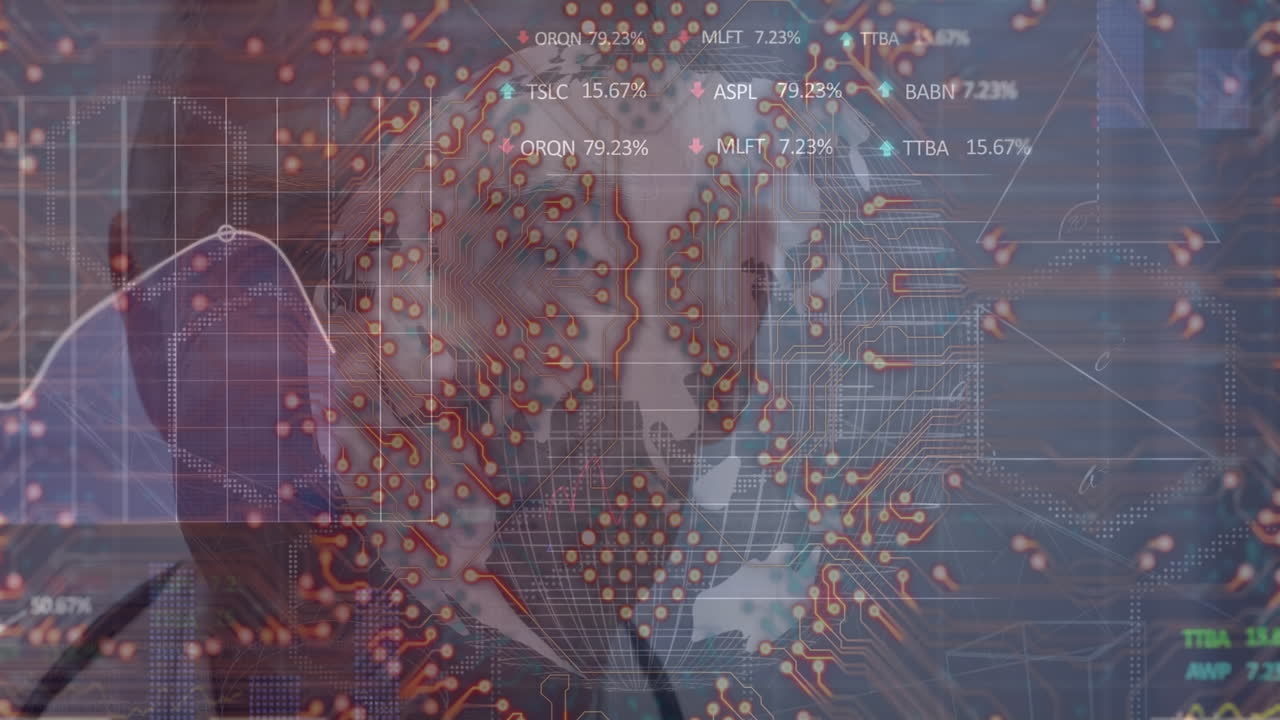 데이터 프로세싱 및 컴퓨터 회로 보드와 함께 지구상의 애니메이션 백인 남성 의사