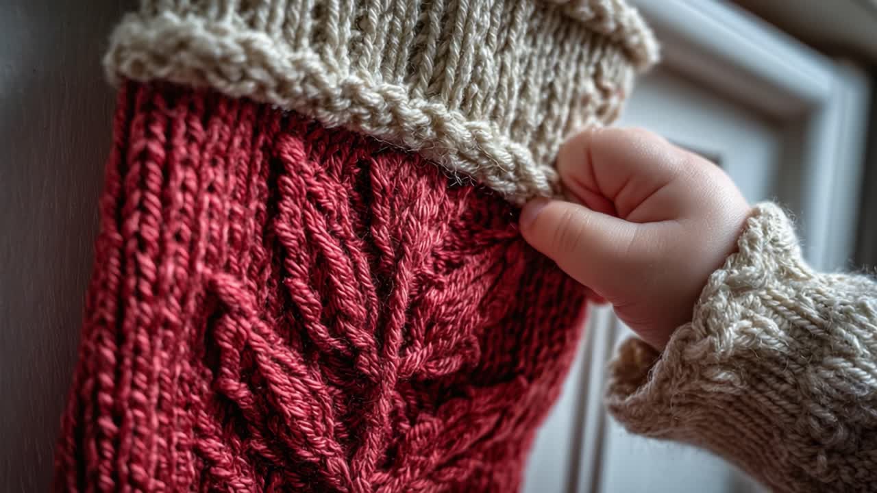 A Child's Hand Reaches for a Cozy Knit Christmas Stocking Decorated with Intricate Patterns and Festive Colors, Capturing the Essence of Holiday Anticipation and Joy
