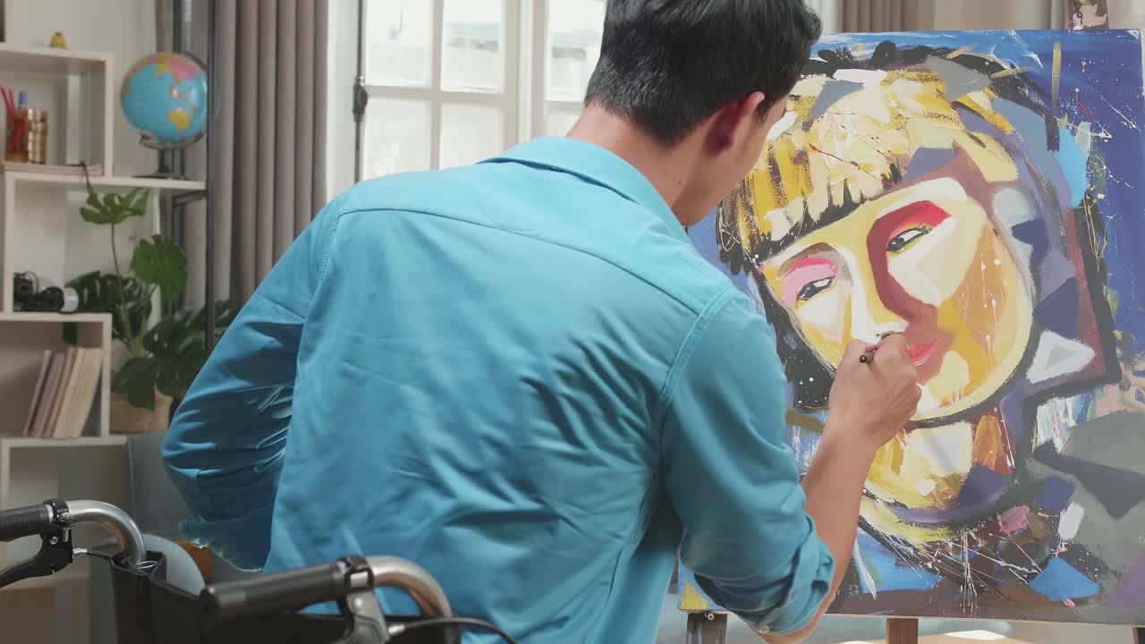 Artist Painting a Portrait in a Home Studio