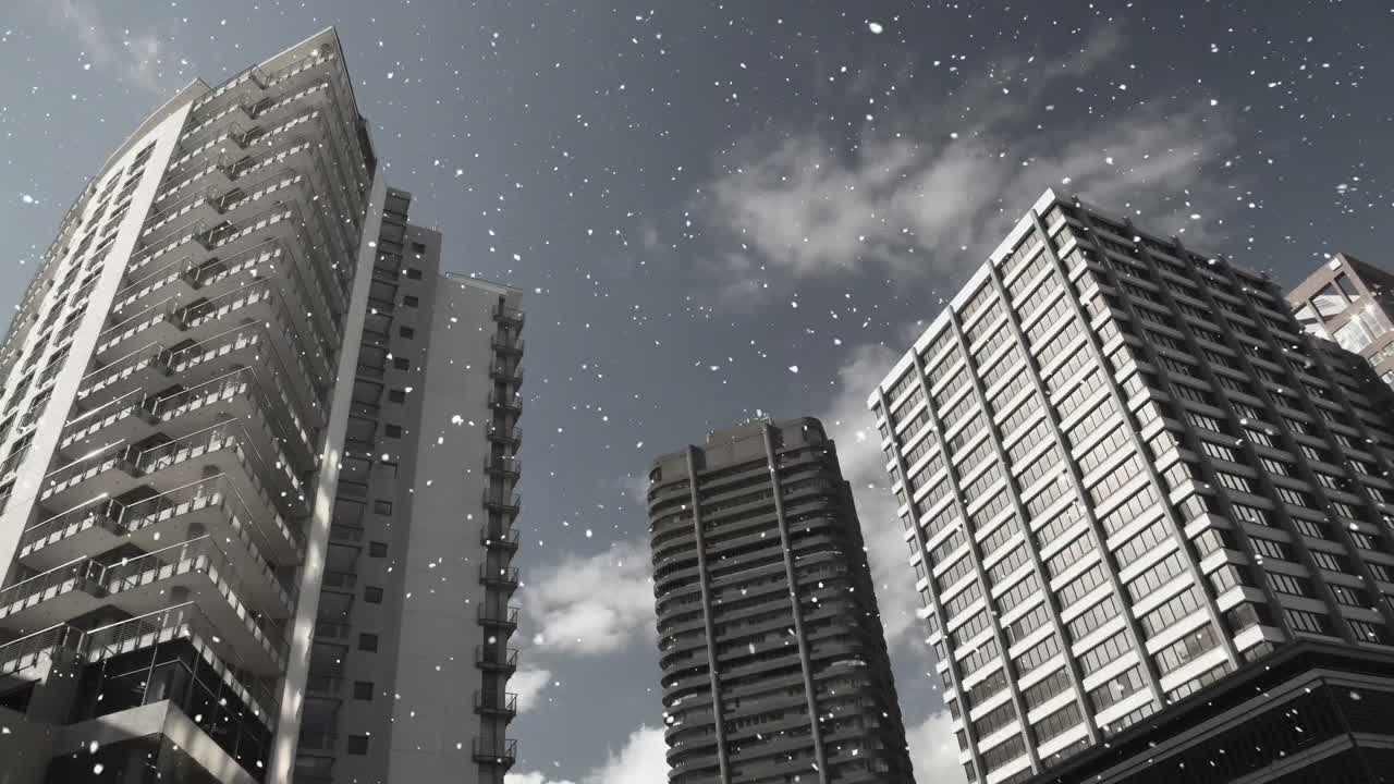 composición digital de la nieve que cae contra los edificios altos