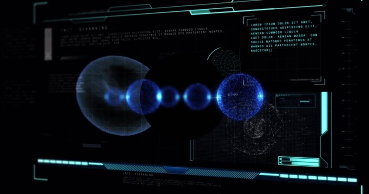 Futuristic Digital Interface Displaying Glowing Blue Particle Spheres