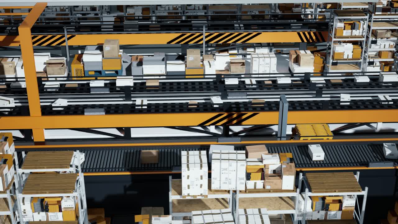 Top View Of Loop Transmitting Of Packaging Box On The Conveyor Belt, 3D Rendering. Cardboard Boxes In A Large Scale Smart Distribution Warehouse, Production Line