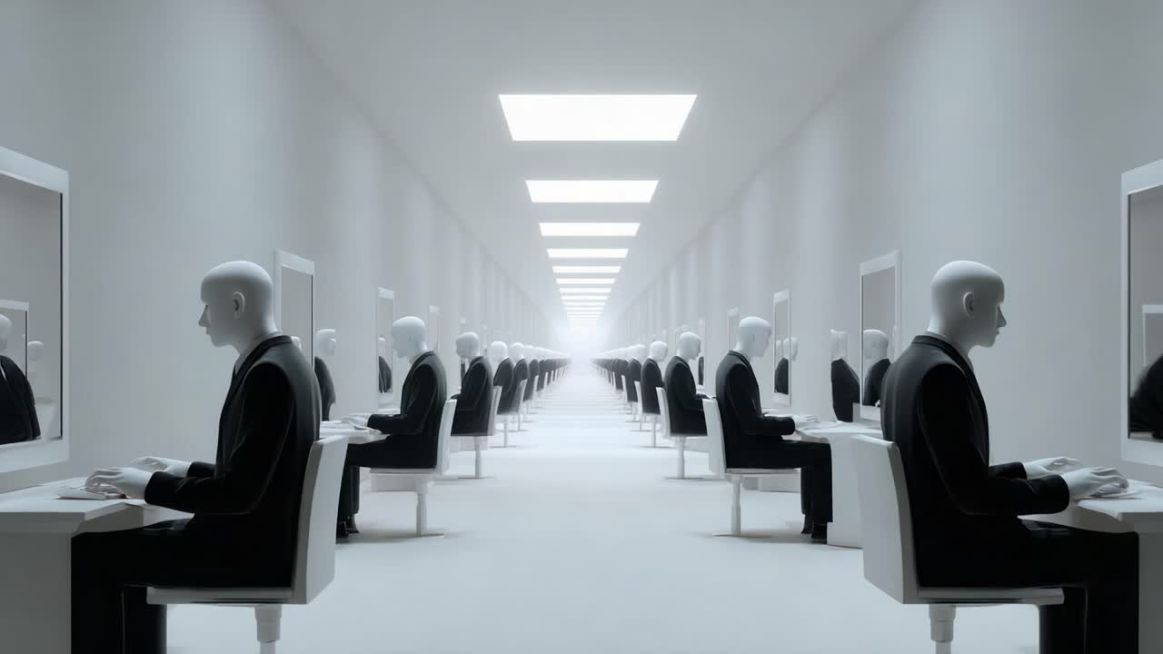 A Surreal Observation of Uniformity: Figures Engaged in Silent Work Amidst a Minimalist Environment with Rigid Symmetry and Ambient Light, Reflection and Isolation Themes Explored