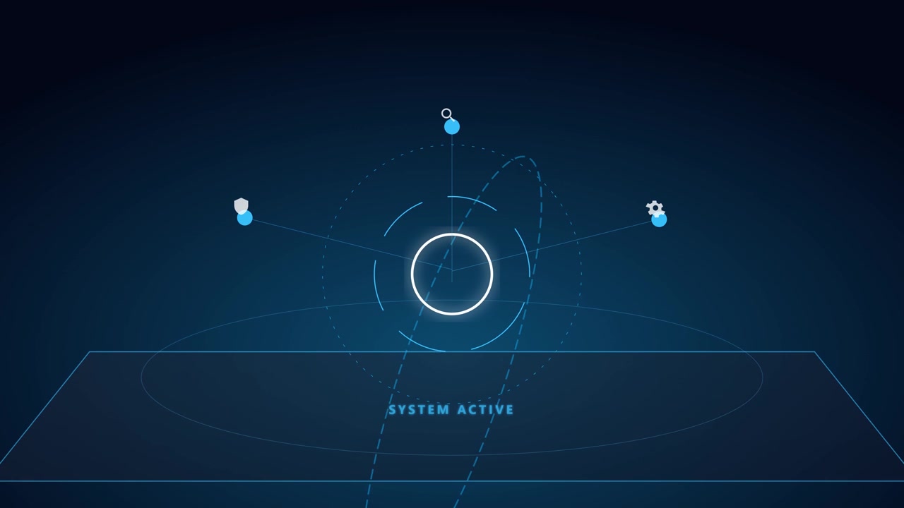 Digital Interface With Rotating Orbiting Icons and System Active Text