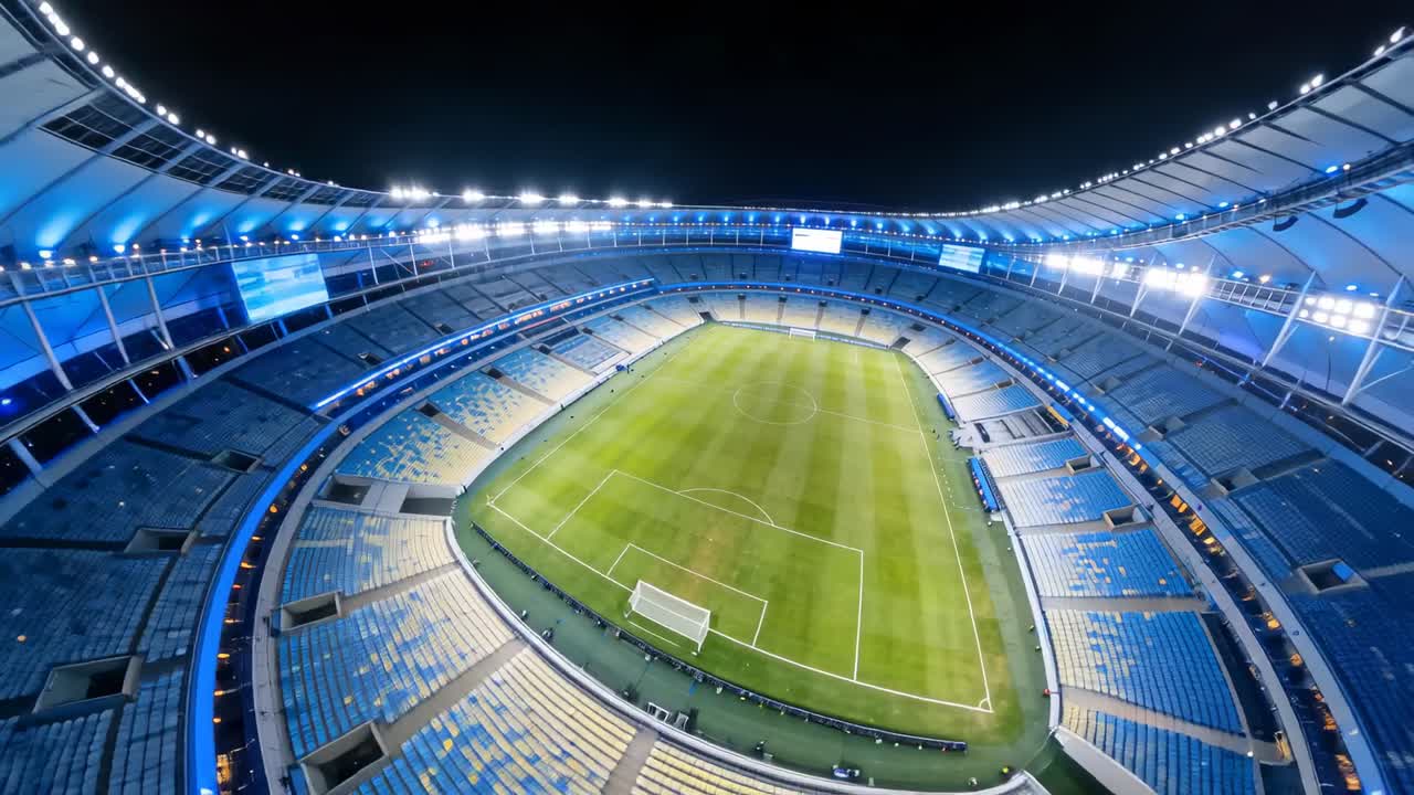 Telecamera aerea panoramica che si inclina su uno stadio di calcio di notte, rivelando il campo e l'illuminazione del tetto