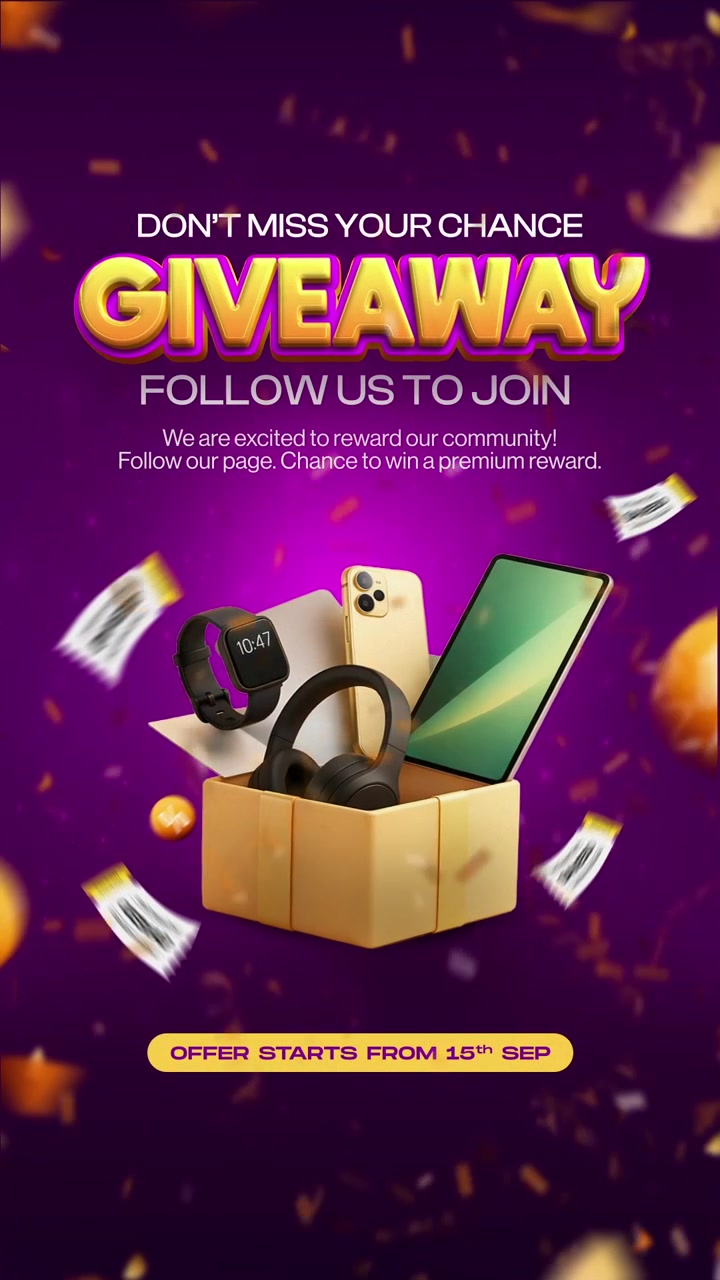 Template di Animazione per Storie sui Social Media per Giveaway con Scatola Premio, Premi Elettronici e Design per Campagna di Marketing Promozionale