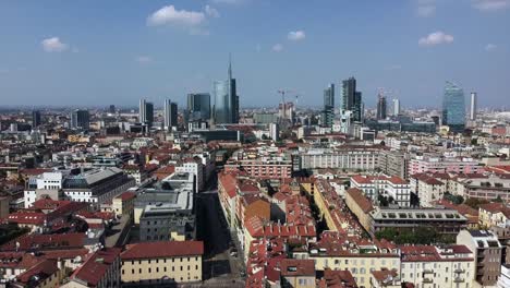 europe, italy , milan august 2020 - drone aerial view of the new skyline with skyscrapers view from brera district in downtown of the city after covid-19 coronavirus lockdown