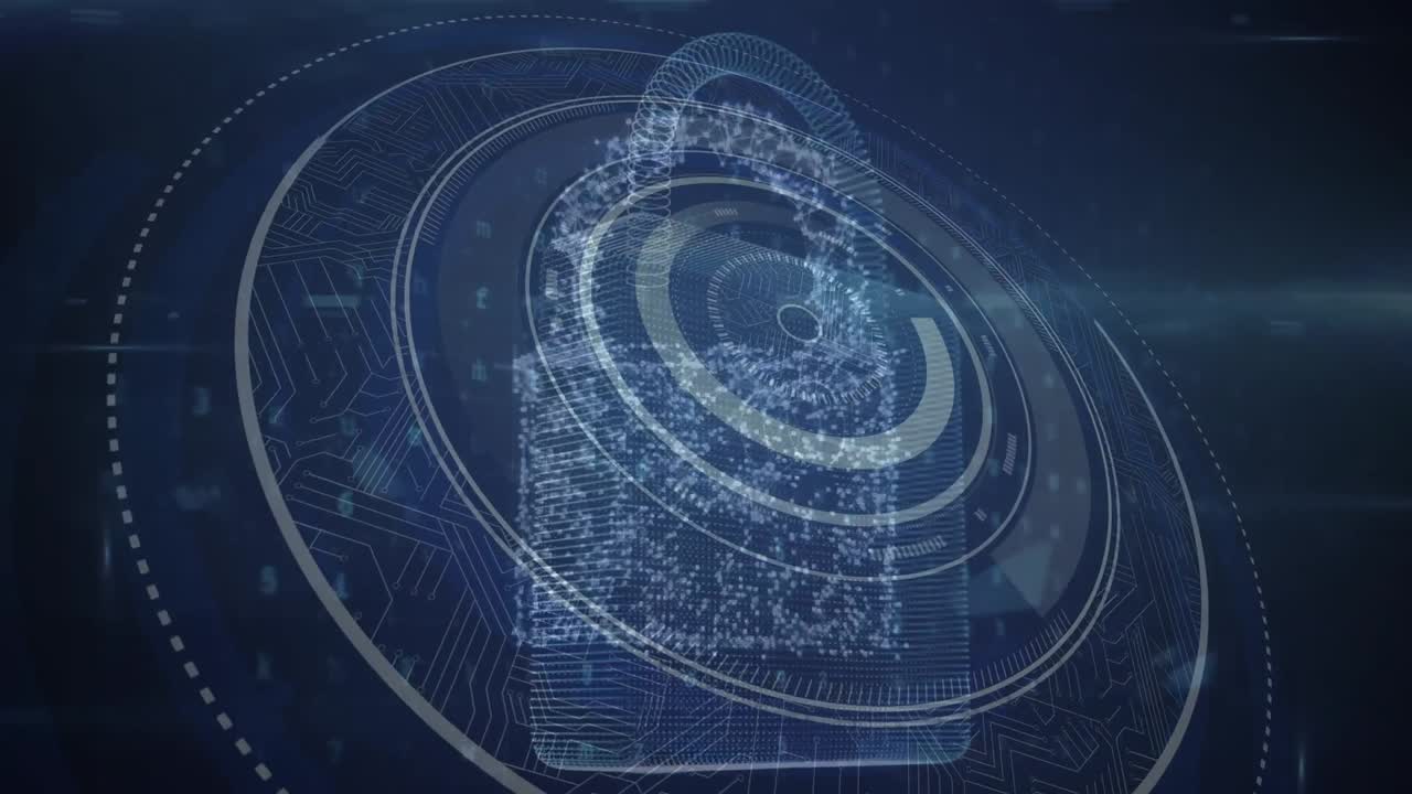 animación de un candado digital sobre un fondo azul con círculos giratorios