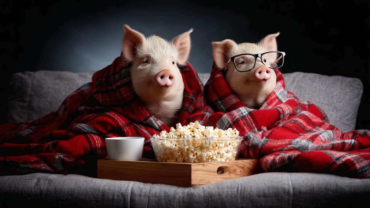 Two Adorable Pigs Snuggled Up in Cozy Blankets Enjoying Movie Time with Popcorn, Creating a Delightful and Heartwarming Scene Perfect for Animal Lovers