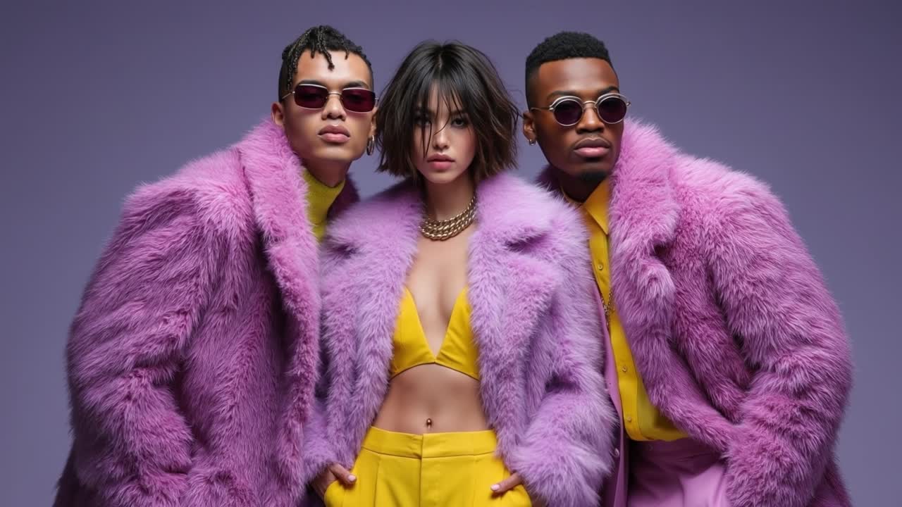 Stylish diverse group of people wearing bright pink faux fur coats and vibrant yellow outfits in studio