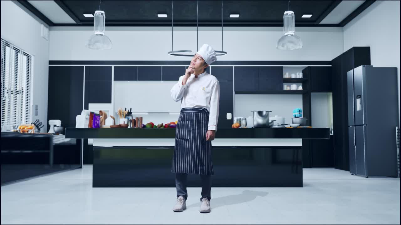Figura intera di uno chef asiatico che pensa e si guarda intorno, poi alza l'indice mentre è in piedi nella cucina di casa.