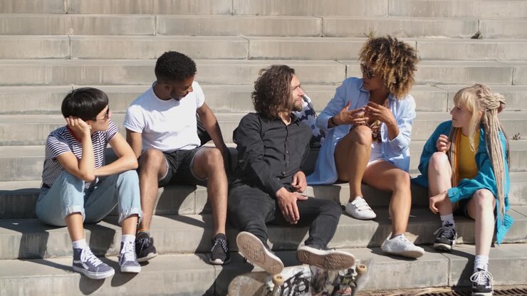 Young stylish friends on street steps