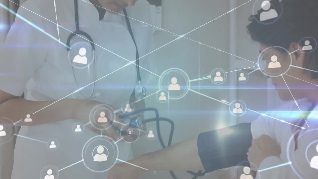 환자의 혈압을 검사하는 백인 의사에 대한 연결된 프로필 아이콘의 애니메이션