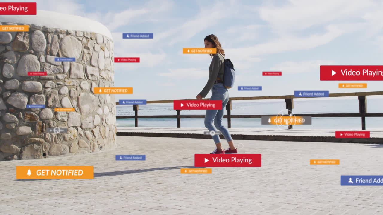 Skateboarding on promenade, woman with animation of social media notifications