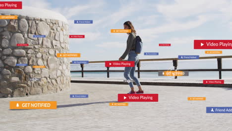 skateboarding on promenade, woman with animation of social media notifications