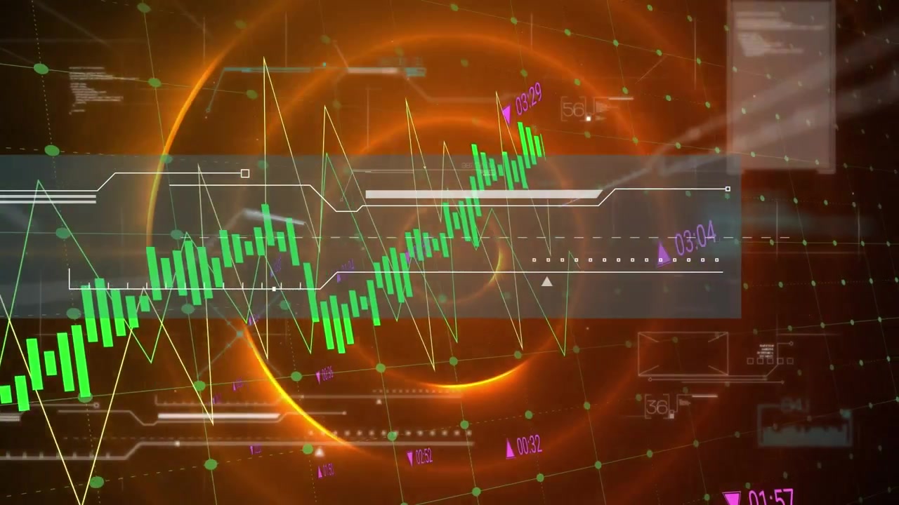 Animação de telas abstratas com múltiplos gráficos e números sobre um padrão circular iluminado