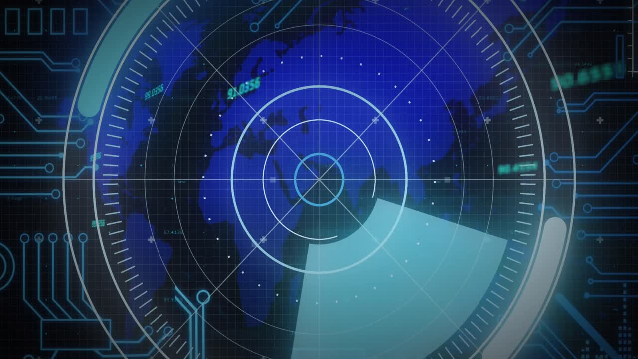 마이크로프로세서 연결을 통해 스 스캔의 애니메이션 세계 지도에서 파란색 배경