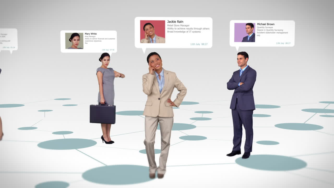 프로필 정보를 가진 사업가들이 지도에 서 있습니다.