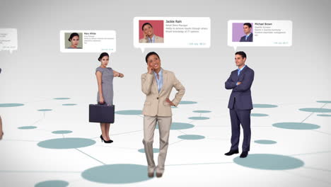 business people with profile info standing on map