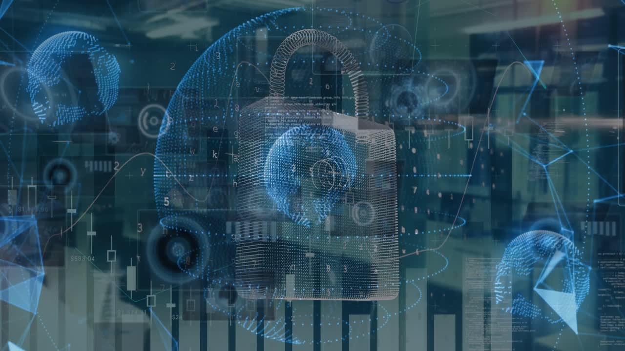 Animation of data processing over security padlock icon and spinning globes against empty office