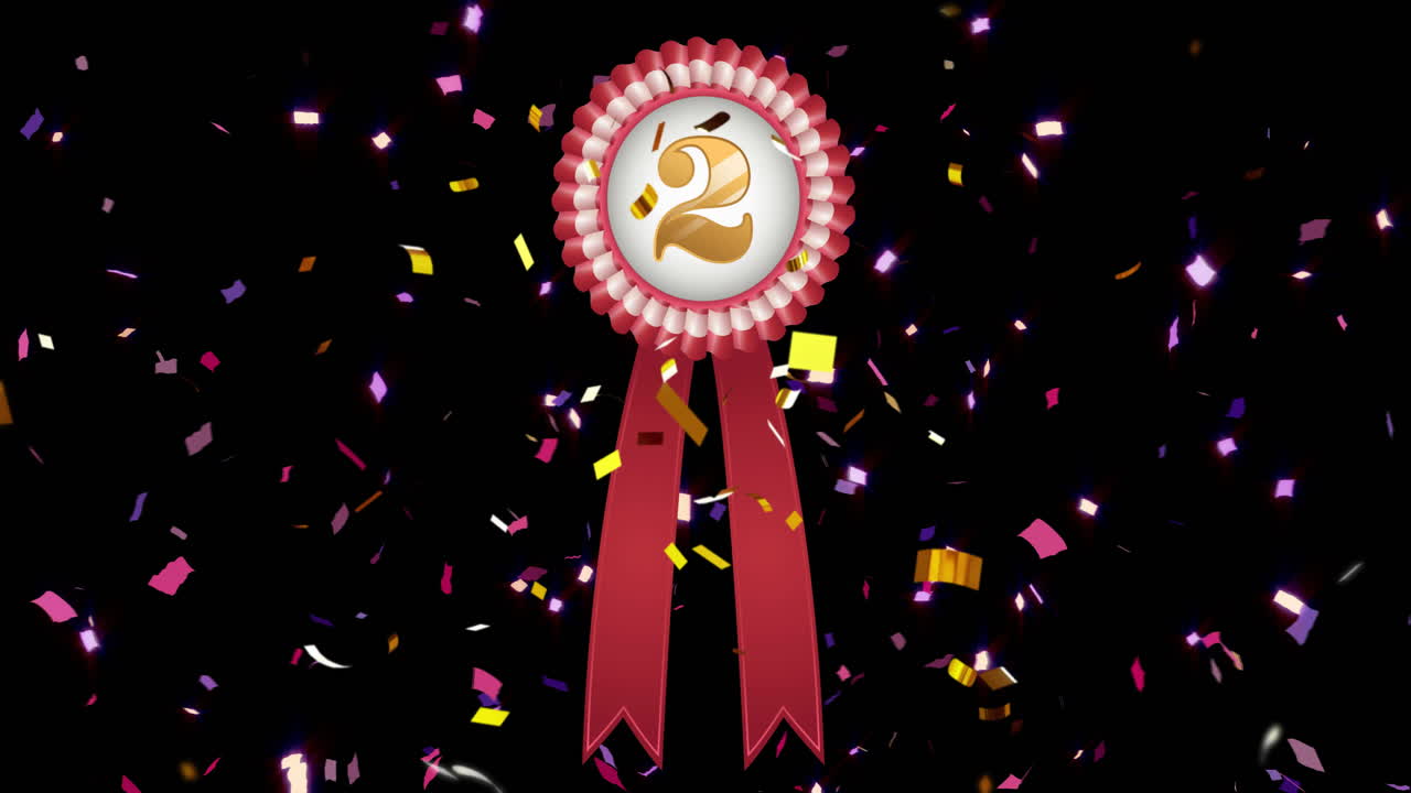 animación de roseta roja y blanca con el número 2 y confeti cayendo sobre fondo negro