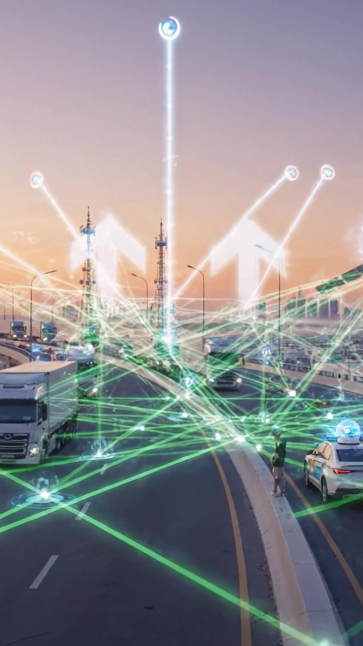 Traffico urbano e integrazione tecnologica: Un contrasto tra i cartelloni digitali visionari e il flusso del trasporto moderno in un paesaggio urbano.