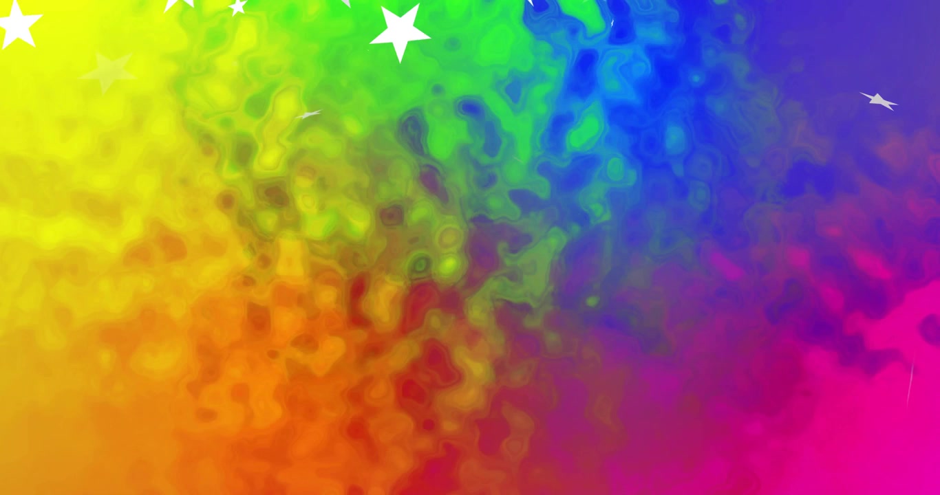 Prima stella che appare, stelle bianche che si raggruppano, fluttuano, svaniscono su una sfumatura arcobaleno, aggiungendo scintillio.