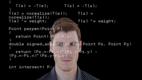 animation of data processing over caucasian man smiling