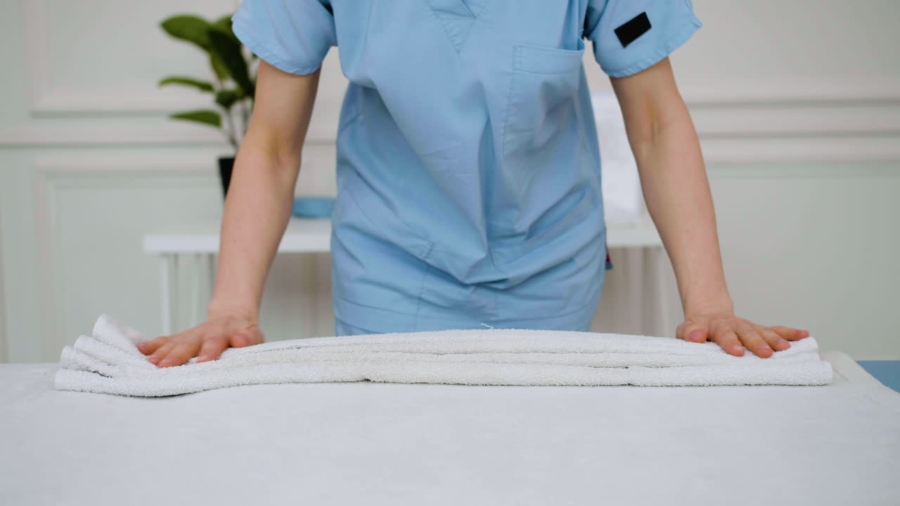 fisioterapeuta preparando una cama de masaje