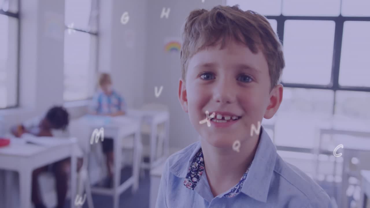 Animation of letters over smiling caucasian schoolboy in classroom