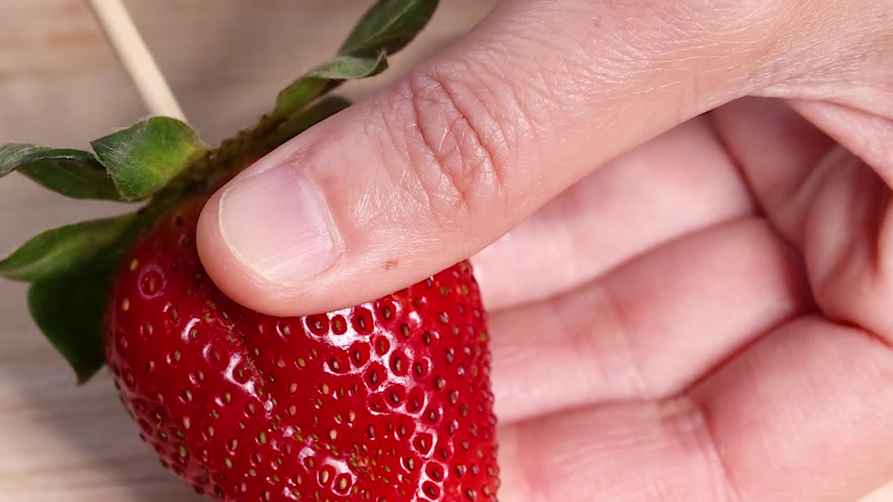 Hand holding a fresh strawberry