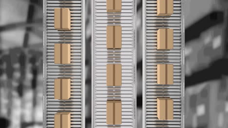 animation of cardboard boxes moving on conveyor belts over warehouse