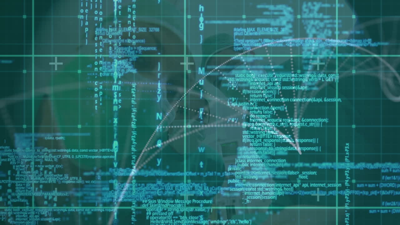 Dna structure spinning and data processing against team of surgeons working at operation theatre