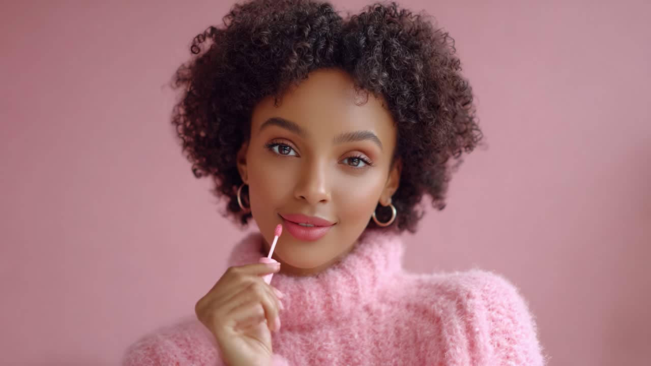 Charming Portrait of a Young Woman in Pink Sweater Applying Lip Gloss Against a Soft Pink Background, Emphasizing Beauty and Fashion Trends