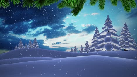 Animation-of-green-leaves-and-snow-falling-over-trees-on-winter-landscape