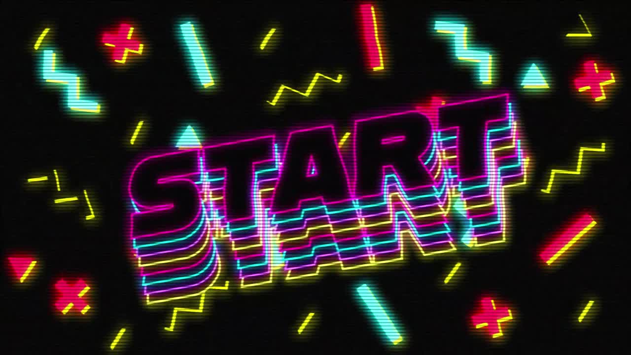 Animazione schermata di videogioco vintage con la scritta avvia