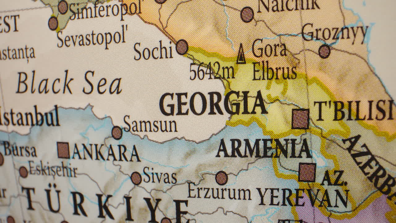 Close-up view of a map centered on Georgia and the Caucasus region