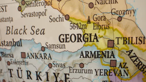 close-up view of a map centered on georgia and the caucasus region
